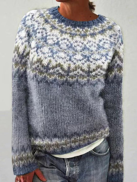 Malou | Grijze trui met ronde hals en pullover-pasvorm, IJslands patroon