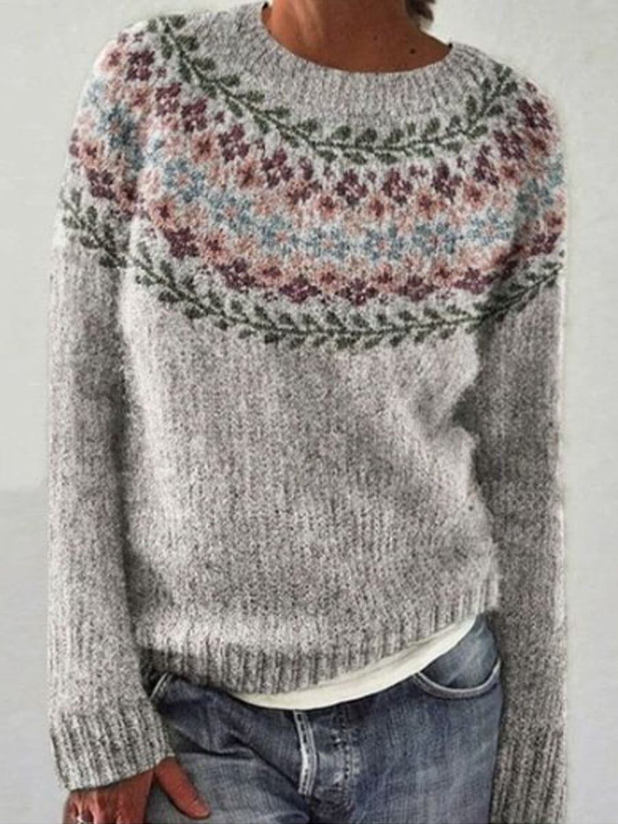 Freja | Grijze trui met ronde hals en pullover-pasvorm, IJslands patroon