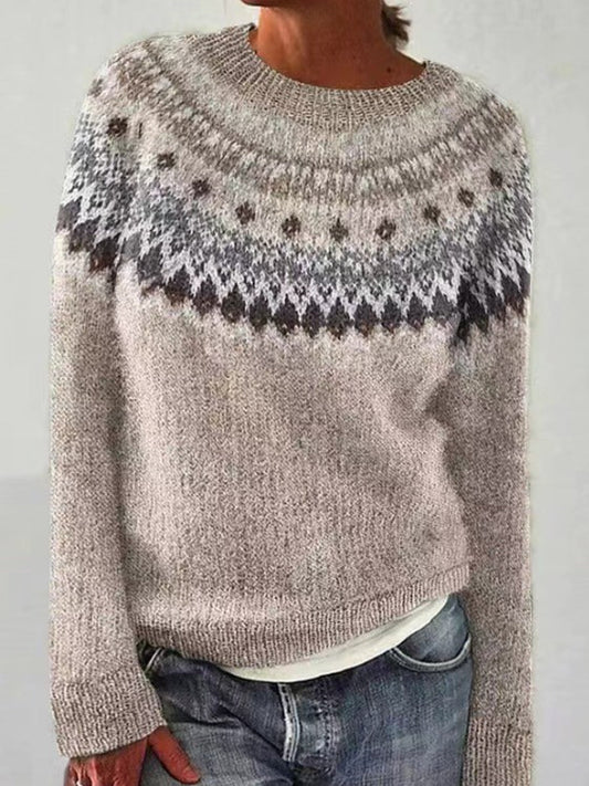 Saga | Roze trui met ronde hals en pullover-pasvorm, IJslands patroon