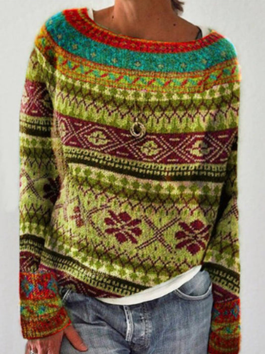 Sille | Geel-blauwe trui met ronde hals en pullover-pasvorm, IJslands patroon