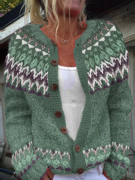 Emilie | Groen-blauw-kaki vest met knopen en ronde hals, IJslands patroon, grof gebreid