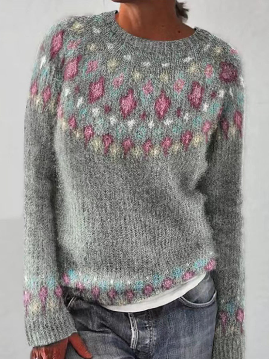 Signe | Grijze trui met ronde hals en pullover-pasvorm, IJslands patroon