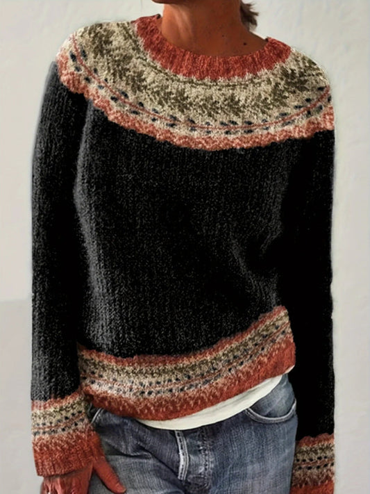 Nicoline | Zwarte trui met ronde hals en pullover-pasvorm, IJslands patroon