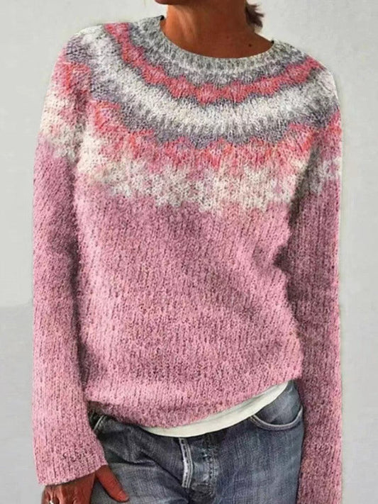 Ronja | Roze trui met ronde hals en pullover-pasvorm, IJslands patroon