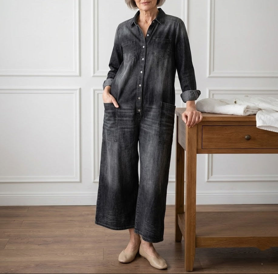 Diana | Vintage Gewassen Denim Jumpsuit van Zacht Katoen met Knopen