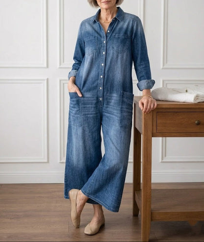 Diana | Vintage Gewassen Denim Jumpsuit van Zacht Katoen met Knopen